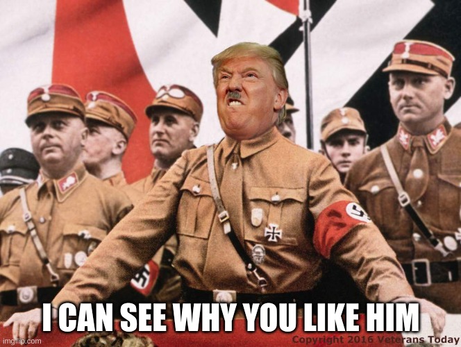 Trump Hitler  | I CAN SEE WHY YOU LIKE HIM | image tagged in trump hitler | made w/ Imgflip meme maker