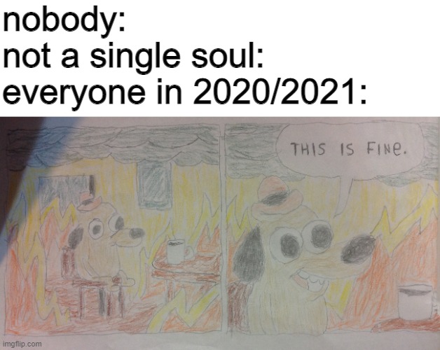 this is not fine | nobody:
not a single soul:
everyone in 2020/2021: | image tagged in this is fine,memes,2020 sucks | made w/ Imgflip meme maker