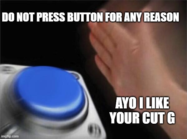 Blank Nut Button Meme | DO NOT PRESS BUTTON FOR ANY REASON; AYO I LIKE YOUR CUT G | image tagged in memes,blank nut button | made w/ Imgflip meme maker
