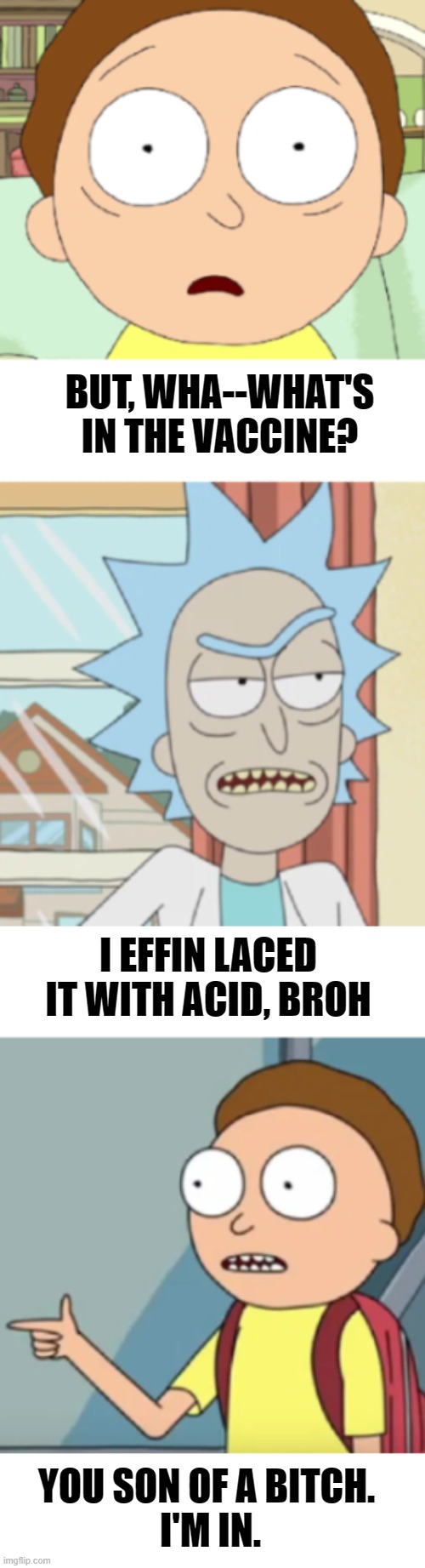 don't worry about it | BUT, WHA--WHAT'S IN THE VACCINE? I EFFIN LACED IT WITH ACID, BROH; YOU SON OF A BITCH. 

I'M IN. | image tagged in you son of a bitch i'm in,rick and morty,vaccine,antivax,worry,covid-19 | made w/ Imgflip meme maker