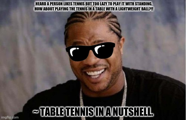 Yo Dawg Heard You Meme | HEARD A PERSON LIKES TENNIS BUT TOO LAZY TO PLAY IT WITH STANDING.
HOW ABOUT PLAYING THE TENNIS IN A TABLE WITH A LIGHTWEIGHT BALL?!! ~ TABLE TENNIS IN A NUTSHELL. | image tagged in memes,yo dawg heard you,tennis | made w/ Imgflip meme maker
