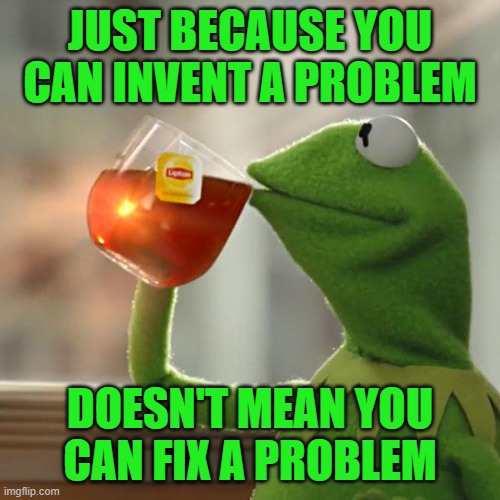 But That's None Of My Business Meme | JUST BECAUSE YOU
CAN INVENT A PROBLEM; DOESN'T MEAN YOU
CAN FIX A PROBLEM | image tagged in memes,but that's none of my business,kermit the frog | made w/ Imgflip meme maker