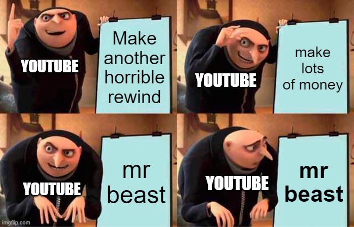 Youtube's Plan | Make another horrible rewind; make lots of money; YOUTUBE; YOUTUBE; mr beast; mr beast; YOUTUBE; YOUTUBE | image tagged in memes,gru's plan | made w/ Imgflip meme maker