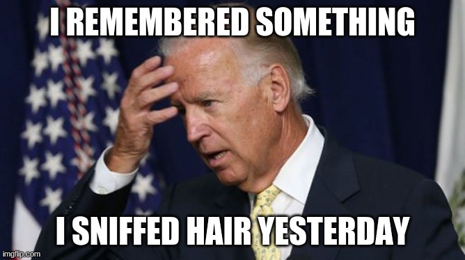 Joe Biden worries | I REMEMBERED SOMETHING; I SNIFFED HAIR YESTERDAY | image tagged in joe biden worries | made w/ Imgflip meme maker