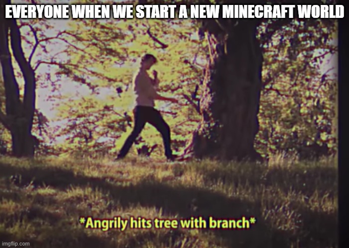 Mincraft true | EVERYONE WHEN WE START A NEW MINECRAFT WORLD | image tagged in wilbur hits tree | made w/ Imgflip meme maker
