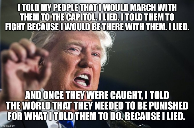 donald trump | I TOLD MY PEOPLE THAT I WOULD MARCH WITH THEM TO THE CAPITOL. I LIED. I TOLD THEM TO FIGHT BECAUSE I WOULD BE THERE WITH THEM. I LIED. AND ONCE THEY WERE CAUGHT, I TOLD THE WORLD THAT THEY NEEDED TO BE PUNISHED FOR WHAT I TOLD THEM TO DO. BECAUSE I LIED. | image tagged in donald trump | made w/ Imgflip meme maker