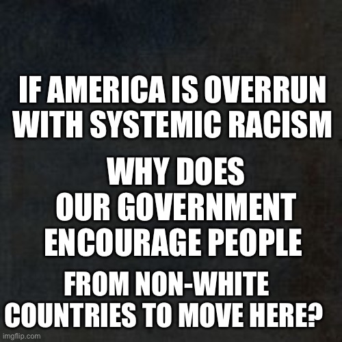 Blank Background (Why?) | IF AMERICA IS OVERRUN WITH SYSTEMIC RACISM; WHY DOES OUR GOVERNMENT ENCOURAGE PEOPLE; FROM NON-WHITE COUNTRIES TO MOVE HERE? | image tagged in blank background why | made w/ Imgflip meme maker