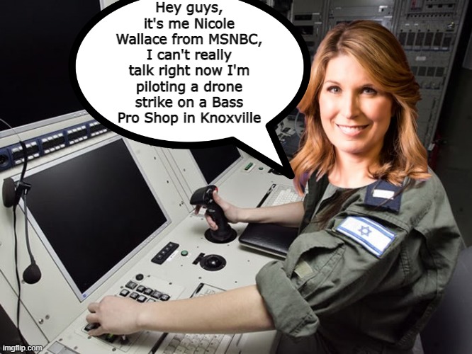 Bass Pro Shops sell guns + Terrorists use guns = People who shop @ Bass Pro Shops are terrorists...LOGIC 101 | Hey guys, it's me Nicole Wallace from MSNBC, I can't really talk right now I'm piloting a drone strike on a Bass Pro Shop in Knoxville | image tagged in msm lies,i see dead people,commies,china,money | made w/ Imgflip meme maker