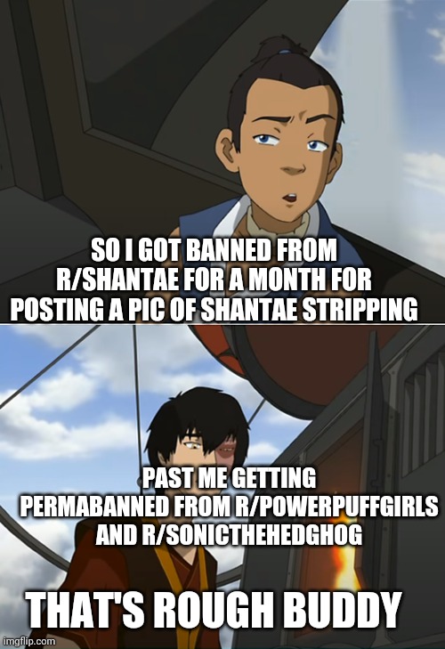 Now only 4 i.p.s remain | SO I GOT BANNED FROM R/SHANTAE FOR A MONTH FOR POSTING A PIC OF SHANTAE STRIPPING; PAST ME GETTING PERMABANNED FROM R/POWERPUFFGIRLS AND R/SONICTHEHEDGHOG; THAT'S ROUGH BUDDY | image tagged in that's rough buddy,shantae | made w/ Imgflip meme maker