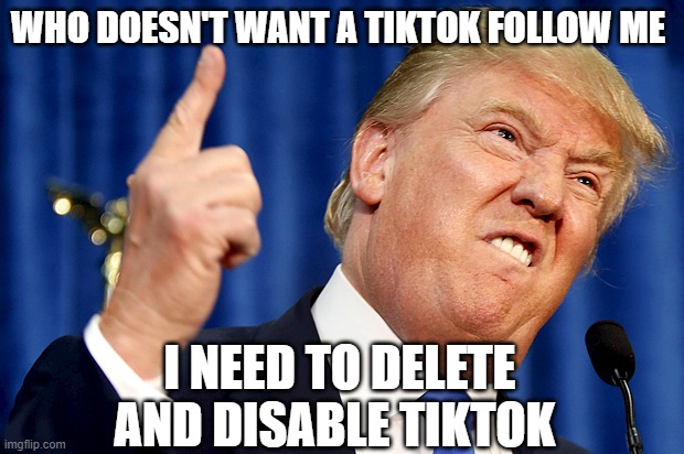 Donald Trump | WHO DOESN'T WANT A TIKTOK FOLLOW ME; I NEED TO DELETE AND DISABLE TIKTOK | image tagged in donald trump | made w/ Imgflip meme maker