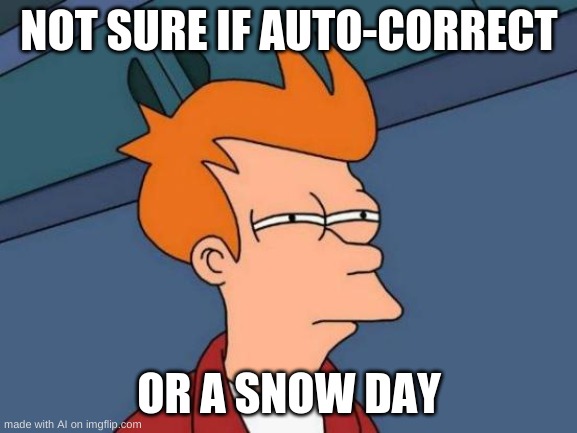 Futurama Fry Meme | NOT SURE IF AUTO-CORRECT; OR A SNOW DAY | image tagged in memes,futurama fry | made w/ Imgflip meme maker
