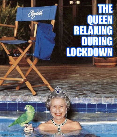 The Queen relaxing during lockdown | THE QUEEN RELAXING DURING LOCKDOWN | image tagged in queen elizabeth in pool | made w/ Imgflip meme maker
