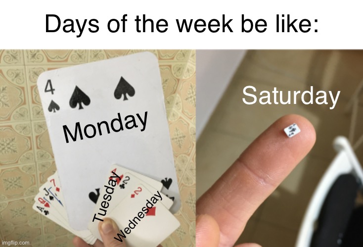 Days of the week be like:; Saturday; Monday; Tuesday; Wednesday | image tagged in big card,tiny card | made w/ Imgflip meme maker