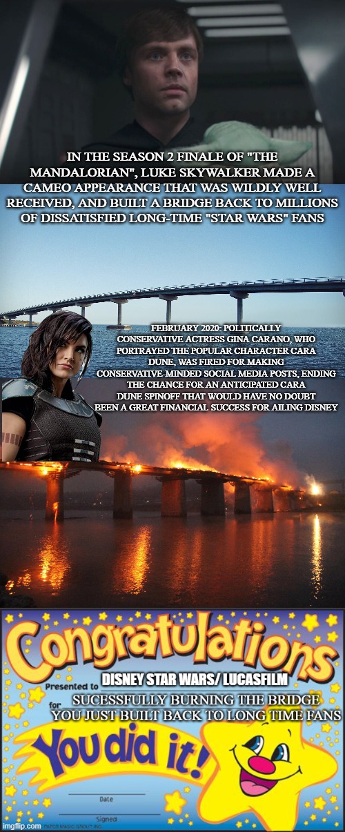 Bridges? True Fans? Financial Success? Who Needs 'Em! | IN THE SEASON 2 FINALE OF "THE MANDALORIAN", LUKE SKYWALKER MADE A CAMEO APPEARANCE THAT WAS WILDLY WELL RECEIVED, AND BUILT A BRIDGE BACK TO MILLIONS OF DISSATISFIED LONG-TIME "STAR WARS" FANS; FEBRUARY 2020: POLITICALLY CONSERVATIVE ACTRESS GINA CARANO, WHO PORTRAYED THE POPULAR CHARACTER CARA DUNE, WAS FIRED FOR MAKING CONSERVATIVE-MINDED SOCIAL MEDIA POSTS, ENDING THE CHANCE FOR AN ANTICIPATED CARA DUNE SPINOFF THAT WOULD HAVE NO DOUBT BEEN A GREAT FINANCIAL SUCCESS FOR AILING DISNEY | image tagged in bridge,burning bridges,star wars | made w/ Imgflip meme maker