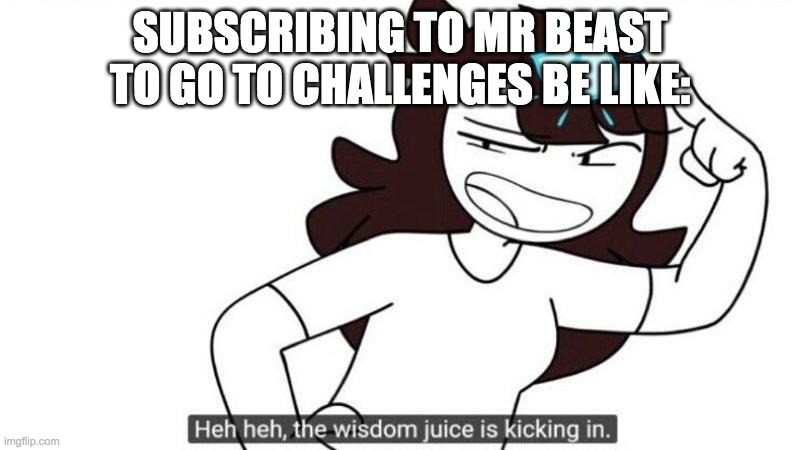 Jaiden animations wisdom juice | SUBSCRIBING TO MR BEAST TO GO TO CHALLENGES BE LIKE: | image tagged in jaiden animations wisdom juice,jaiden animations,mr beast | made w/ Imgflip meme maker