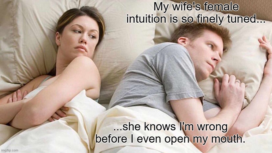 female intuition | My wife's female intuition is so finely tuned... ...she knows I'm wrong before I even open my mouth. | image tagged in memes,i bet he's thinking about other women | made w/ Imgflip meme maker