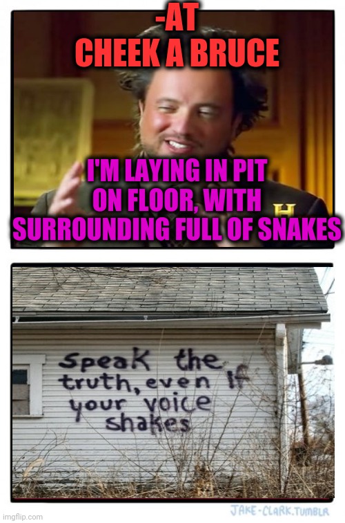 -Help me out! | -AT CHEEK A BRUCE; I'M LAYING IN PIT ON FLOOR, WITH SURROUNDING FULL OF SNAKES | image tagged in memes,two buttons,snakes,bottom,bruce,hurt | made w/ Imgflip meme maker
