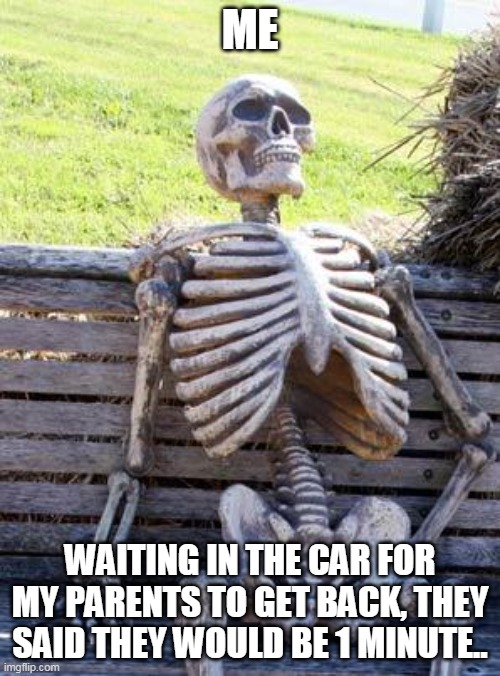 Waiting Skeleton Meme | ME; WAITING IN THE CAR FOR MY PARENTS TO GET BACK, THEY SAID THEY WOULD BE 1 MINUTE.. | image tagged in memes,waiting skeleton | made w/ Imgflip meme maker