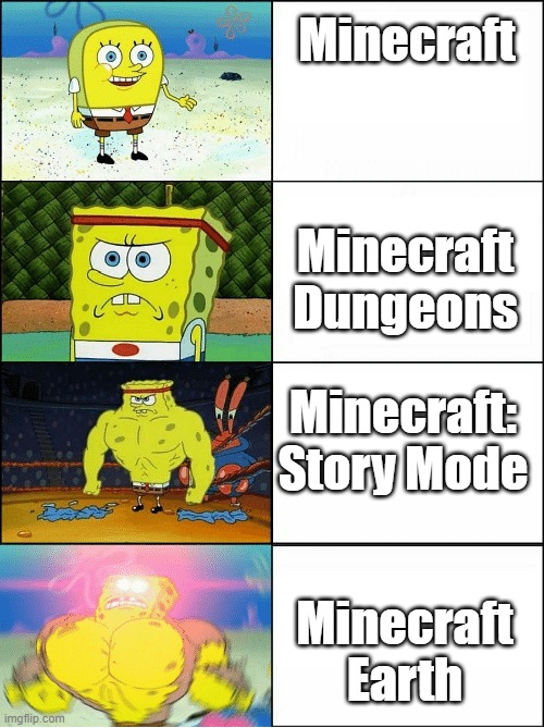 Which one of these is your favorite?(mine is minecraft story mode) | Minecraft; Minecraft Dungeons; Minecraft: Story Mode; Minecraft Earth | image tagged in sponge finna commit muder | made w/ Imgflip meme maker