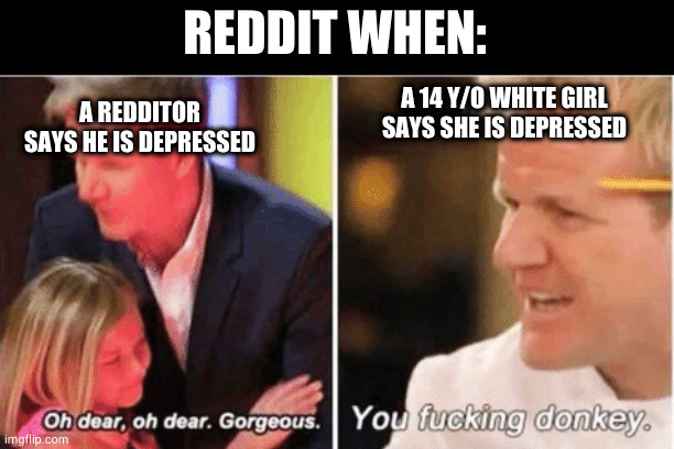 hello world | REDDIT WHEN:; A REDDITOR SAYS HE IS DEPRESSED; A 14 Y/O WHITE GIRL SAYS SHE IS DEPRESSED | image tagged in gordon ramsey talking to kids vs talking to adults | made w/ Imgflip meme maker
