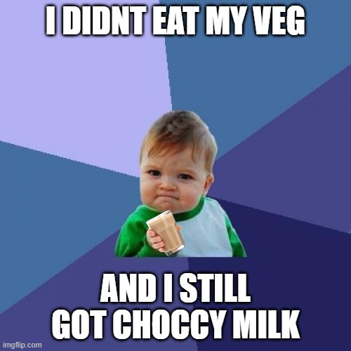 Success Kid | I DIDNT EAT MY VEG; AND I STILL GOT CHOCCY MILK | image tagged in memes,success kid | made w/ Imgflip meme maker