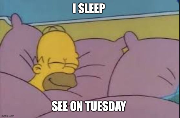 how i sleep homer simpson | I SLEEP; SEE ON TUESDAY | image tagged in how i sleep homer simpson | made w/ Imgflip meme maker