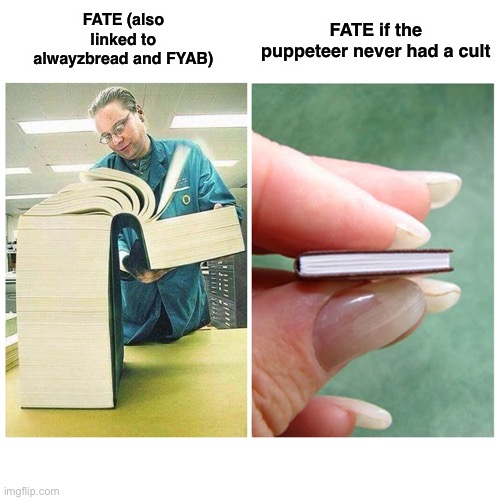 The whole series revolves around him and the void weather you like it or not, I’m just stating facts | FATE if the puppeteer never had a cult; FATE (also linked to alwayzbread and FYAB) | image tagged in big book vs little book | made w/ Imgflip meme maker