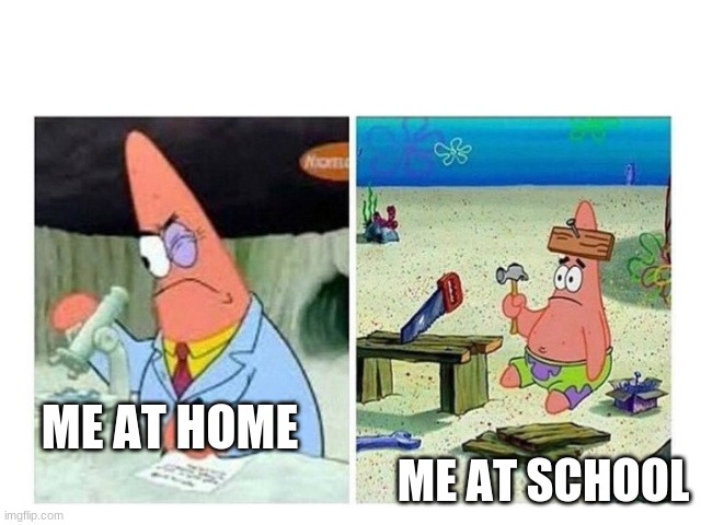 Patrick Scientist vs. Nail | ME AT HOME; ME AT SCHOOL | image tagged in patrick scientist vs nail | made w/ Imgflip meme maker