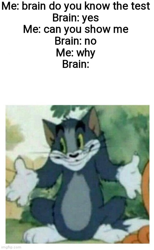 I dunnu | Me: brain do you know the test
Brain: yes
Me: can you show me
Brain: no
Me: why
Brain: | image tagged in idk tom template | made w/ Imgflip meme maker