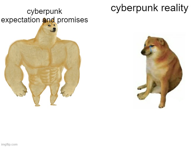 cyberpunk | cyberpunk reality; cyberpunk expectation and promises | image tagged in memes,buff doge vs cheems | made w/ Imgflip meme maker