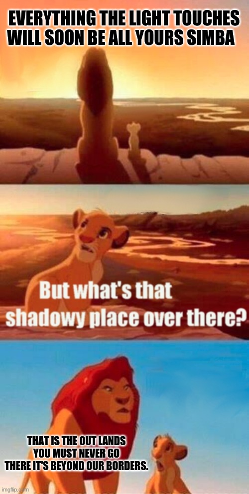 Simba Shadowy Place | EVERYTHING THE LIGHT TOUCHES WILL SOON BE ALL YOURS SIMBA; THAT IS THE OUT LANDS YOU MUST NEVER GO THERE IT'S BEYOND OUR BORDERS. | image tagged in simba shadowy place,what is it | made w/ Imgflip meme maker