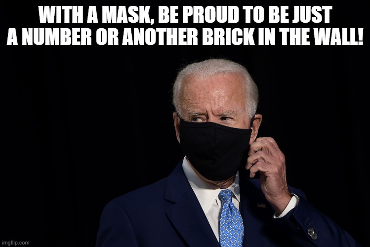 Masked biden | WITH A MASK, BE PROUD TO BE JUST A NUMBER OR ANOTHER BRICK IN THE WALL! | image tagged in masked biden | made w/ Imgflip meme maker