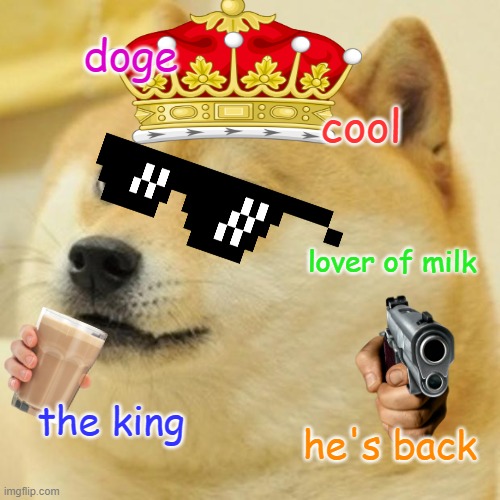 the doge | doge; cool; lover of milk; the king; he's back | image tagged in memes,doge | made w/ Imgflip meme maker