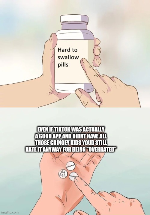 This is really hard to swallow | EVEN IF TIKTOK WAS ACTUALLY A GOOD APP AND DIDNT HAVE ALL THOSE CRINGEY KIDS YOUD STILL HATE IT ANYWAY FOR BEING "OVERRATED" | image tagged in memes,hard to swallow pills | made w/ Imgflip meme maker