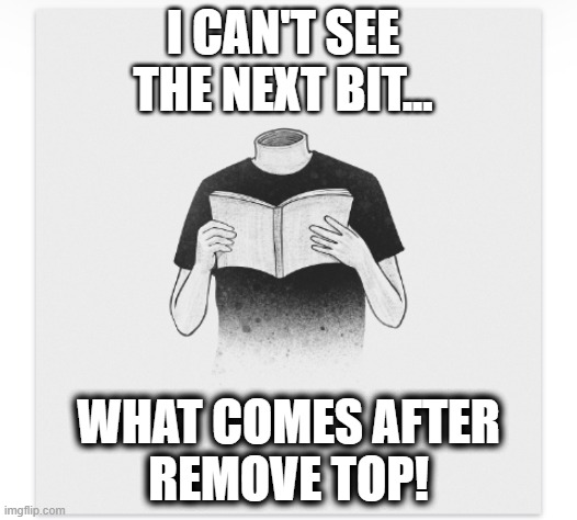 I CAN'T SEE THE NEXT BIT... WHAT COMES AFTER
REMOVE TOP! | image tagged in lost my head | made w/ Imgflip meme maker