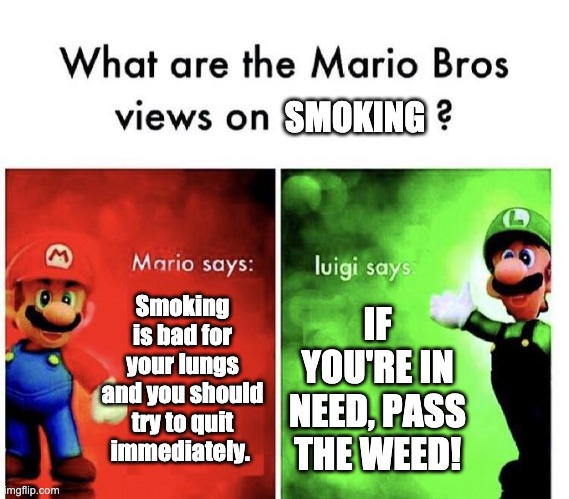 Mario Bros Views | SMOKING; Smoking is bad for your lungs and you should try to quit immediately. IF YOU'RE IN NEED, PASS THE WEED! | image tagged in mario bros views | made w/ Imgflip meme maker