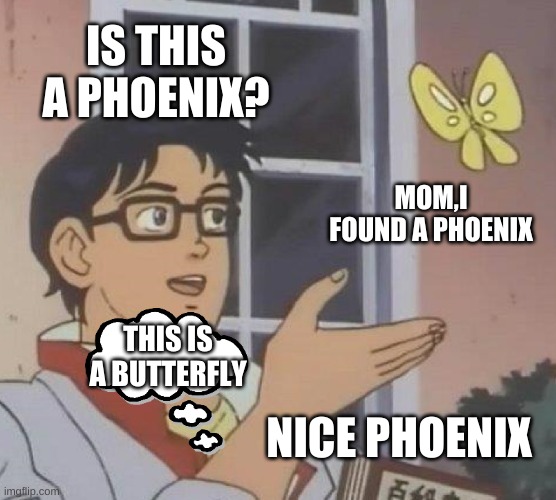 Is This A Pigeon Meme | IS THIS A PHOENIX? MOM,I FOUND A PHOENIX; THIS IS A BUTTERFLY; NICE PHOENIX | image tagged in memes,is this a pigeon | made w/ Imgflip meme maker
