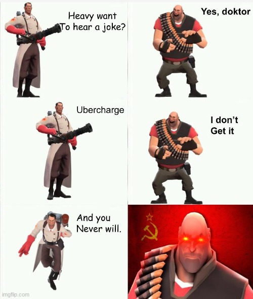 heavy then committed team kill and now medic is dead | image tagged in ubercharge,joke,omg,medic,that,was terrible | made w/ Imgflip meme maker
