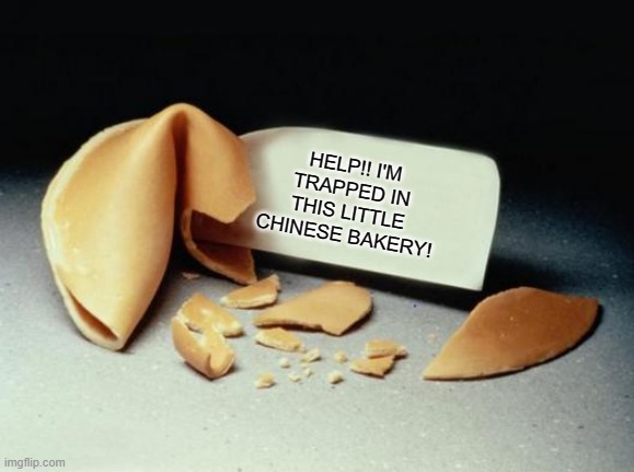 Fortune Cookie | HELP!! I'M TRAPPED IN THIS LITTLE CHINESE BAKERY! | image tagged in fortune cookie,help,trapped,chinese bakery | made w/ Imgflip meme maker