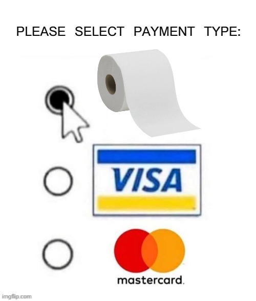 Toilet paper | image tagged in please select payment type,toilet paper,reposts,repost,memes,meme | made w/ Imgflip meme maker