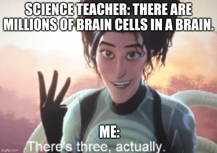 There's three, actually | SCIENCE TEACHER: THERE ARE MILLIONS OF BRAIN CELLS IN A BRAIN. ME: | image tagged in there's three actually | made w/ Imgflip meme maker