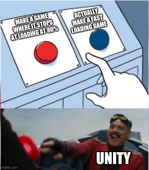 people who play CMG and KBH games and Poki get ths | ACTUALLY MAKE A FAST LOADING GAME; MAKE A GAME WHERE IT STOPS AT LOADING AT 80%; UNITY | image tagged in robotnik pressing red button,video games,funny memes,relatable | made w/ Imgflip meme maker