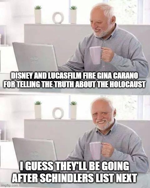 Disney sucks | DISNEY AND LUCASFILM FIRE GINA CARANO FOR TELLING THE TRUTH ABOUT THE HOLOCAUST; I GUESS THEY'LL BE GOING AFTER SCHINDLERS LIST NEXT | image tagged in memes,hide the pain harold | made w/ Imgflip meme maker
