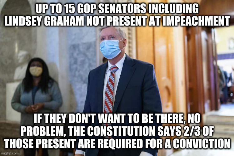 Article 1, section 3. Also, hold them in contempt of Congress for not being there. | UP TO 15 GOP SENATORS INCLUDING LINDSEY GRAHAM NOT PRESENT AT IMPEACHMENT; IF THEY DON'T WANT TO BE THERE, NO PROBLEM, THE CONSTITUTION SAYS 2/3 OF THOSE PRESENT ARE REQUIRED FOR A CONVICTION | image tagged in senators,impeachment,contempt of congress,constitution,trump,gop | made w/ Imgflip meme maker