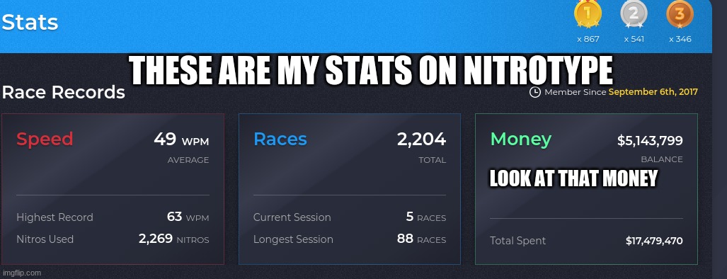 nitrotype | THESE ARE MY STATS ON NITROTYPE; LOOK AT THAT MONEY | image tagged in nitro type,stats | made w/ Imgflip meme maker