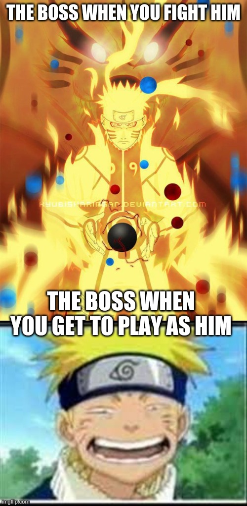 the boss when you play as him |  THE BOSS WHEN YOU FIGHT HIM; THE BOSS WHEN YOU GET TO PLAY AS HIM | image tagged in the boss | made w/ Imgflip meme maker