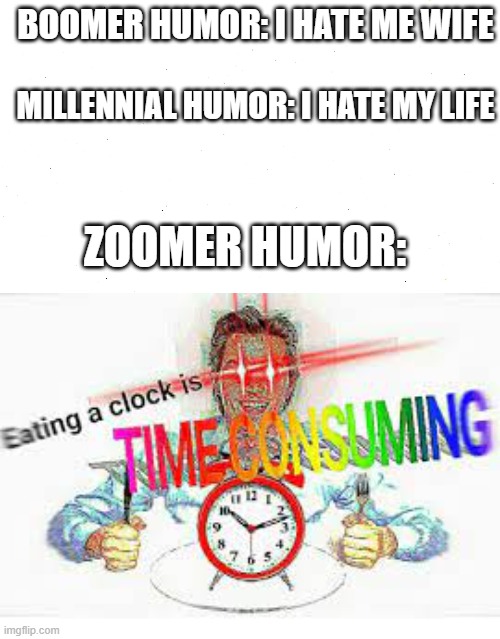 BOOMER HUMOR: I HATE ME WIFE; MILLENNIAL HUMOR: I HATE MY LIFE; ZOOMER HUMOR: | image tagged in memes,boomer | made w/ Imgflip meme maker