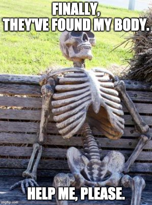 They've found my channel! | FINALLY, THEY'VE FOUND MY BODY. HELP ME, PLEASE. | image tagged in memes,waiting skeleton | made w/ Imgflip meme maker