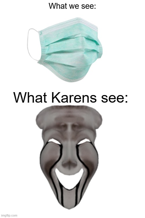 SCP-035 | What we see:; What Karens see: | image tagged in blank white template,scp meme,scp,karen,face mask | made w/ Imgflip meme maker