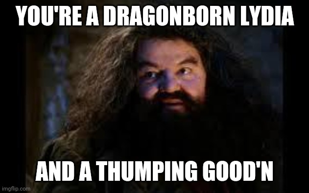 Skyrim - Dragonborn | YOU'RE A DRAGONBORN LYDIA; AND A THUMPING GOOD'N | image tagged in hagrid yer a wizard | made w/ Imgflip meme maker